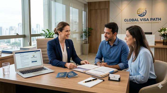 Travel consultant assisting a client with visa application documents and international travel planning.
