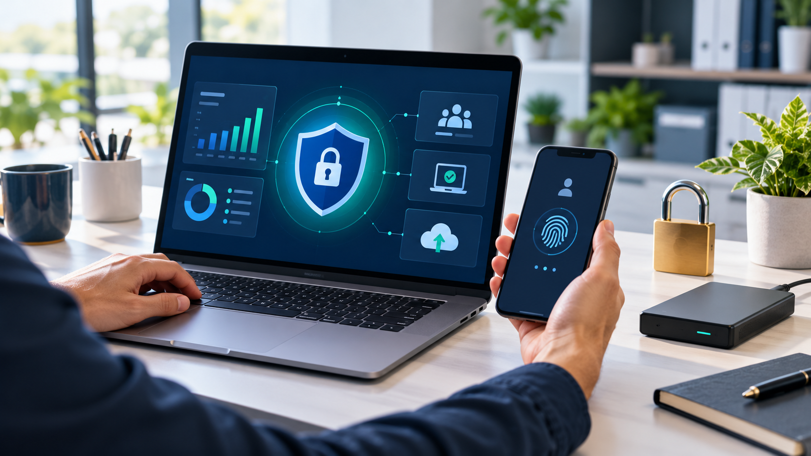 A business laptop with a secure dashboard beside a phone authentication prompt and a backup drive.