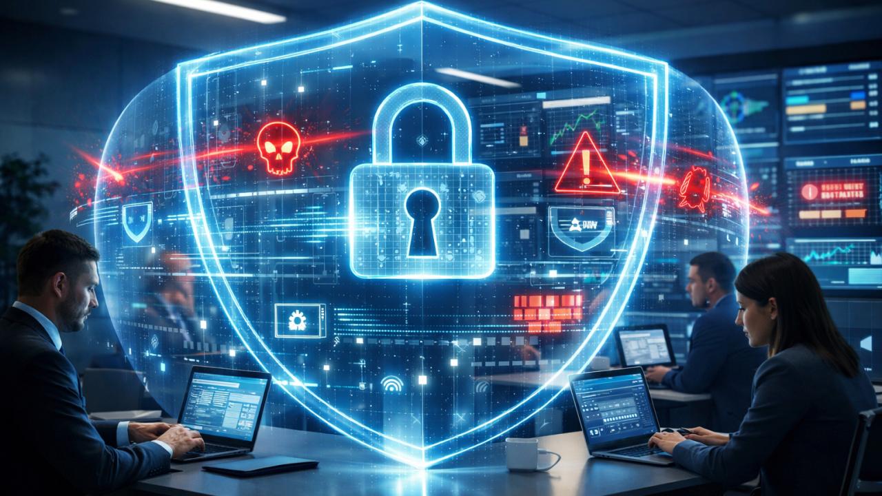 Cybersecurity and data protection shield protecting business data and digital networks.