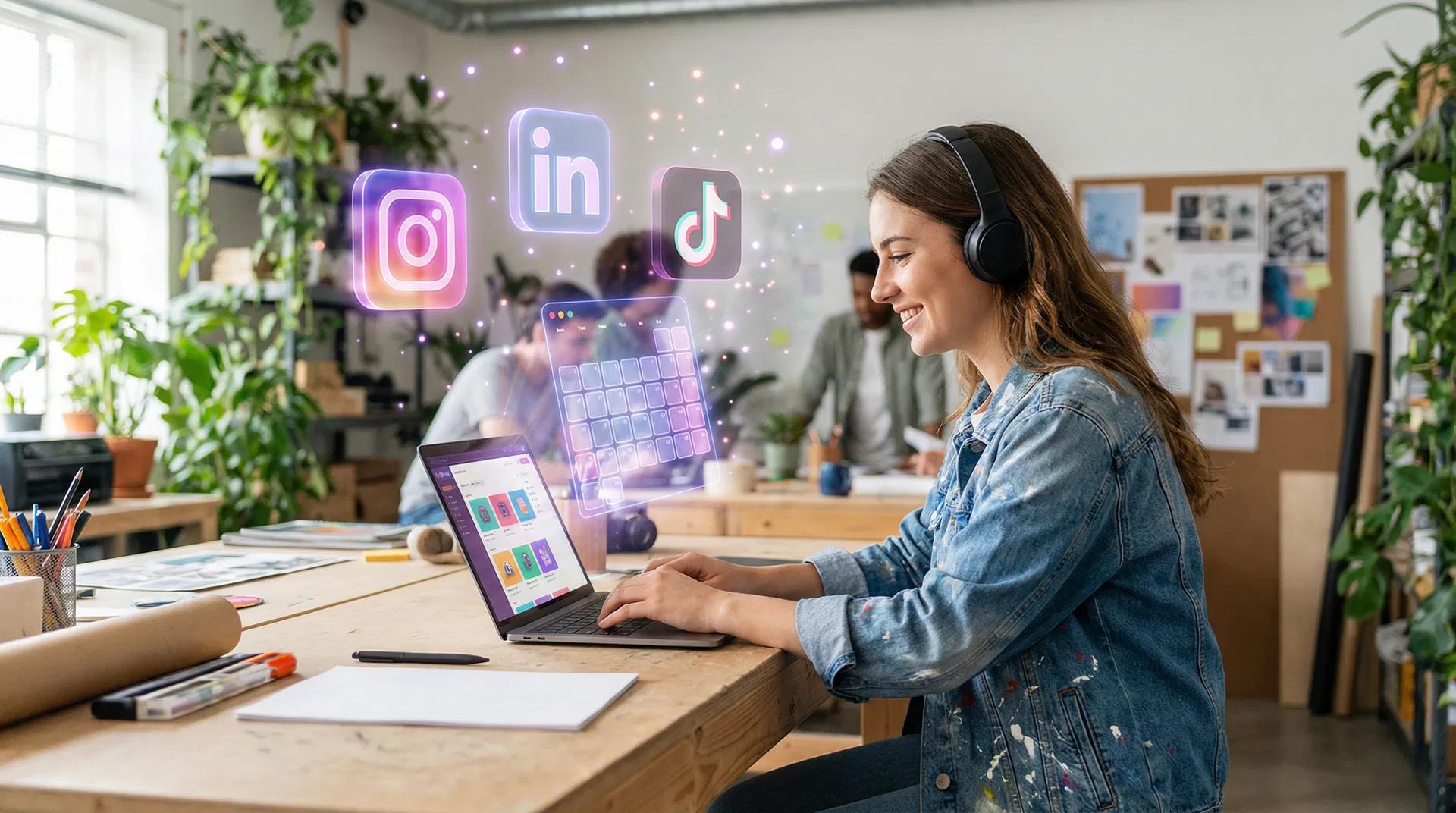 AI content creation tools for social media marketing and business branding with digital graphics and marketing content on a laptop.