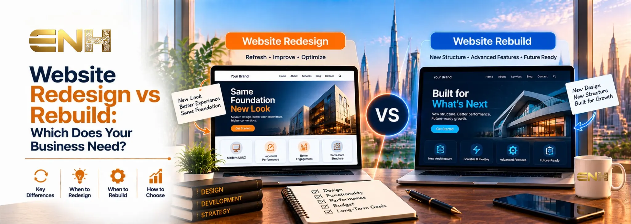 Website development vs website redesign comparison for business websites.