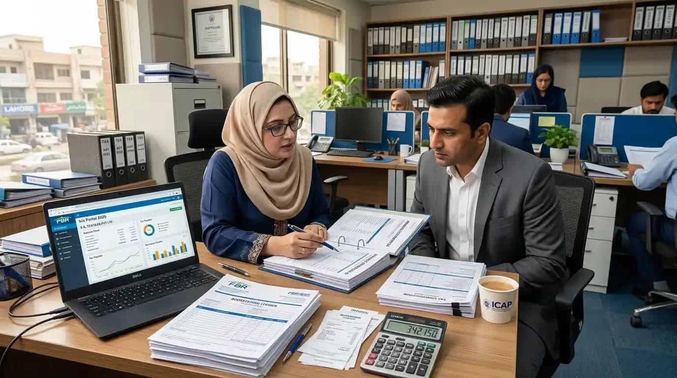 Tax consultant in Pakistan reviewing business financial documents and tax records in an office.