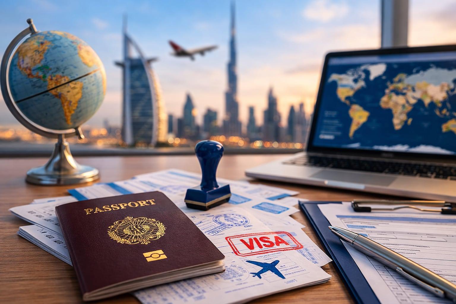 UAE visit visa application assistance featuring Dubai's Burj Khalifa skyline and travel documents.